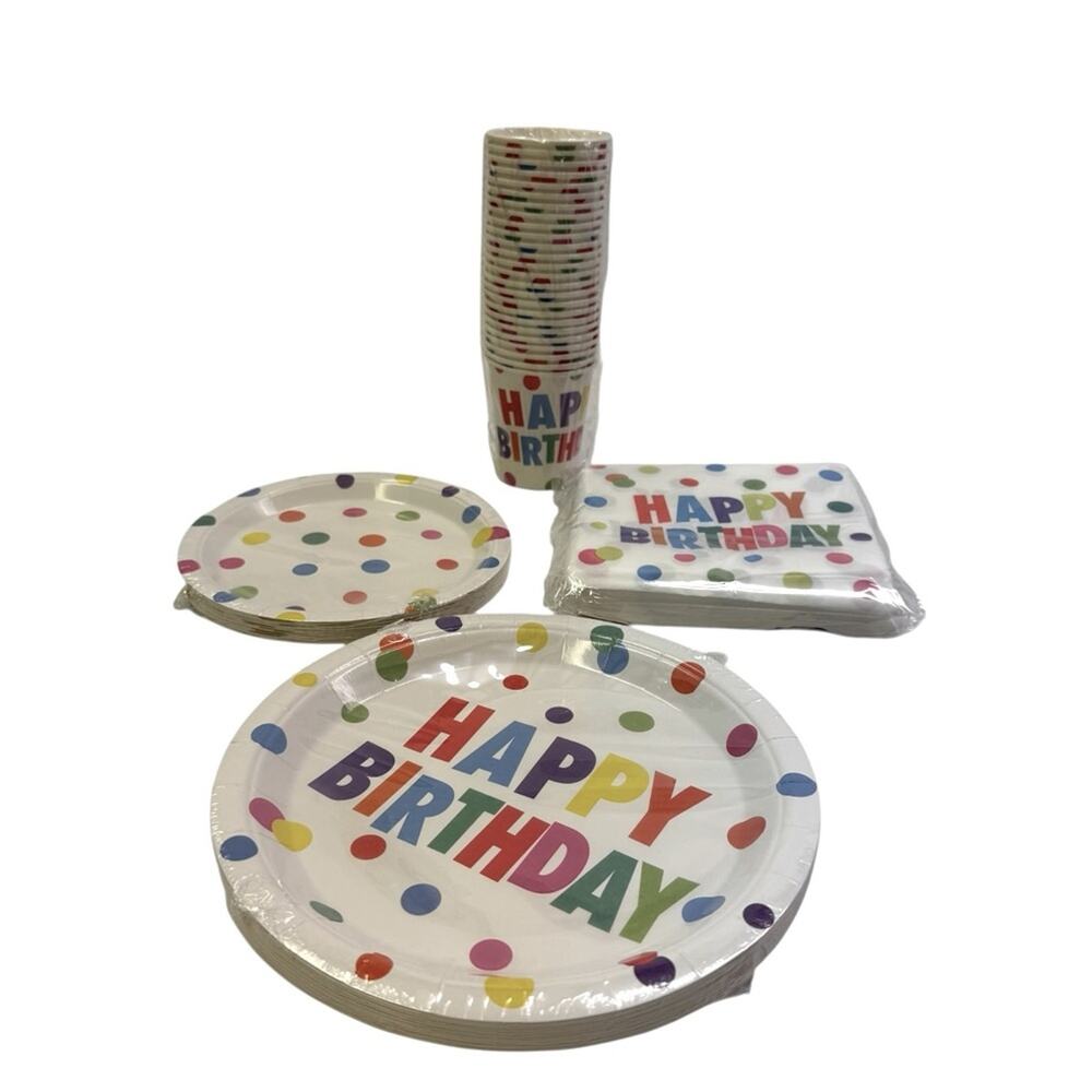 Happy Birthday Party Supplies Set Plates Cups Napkins Polka Dot Decorations NWT